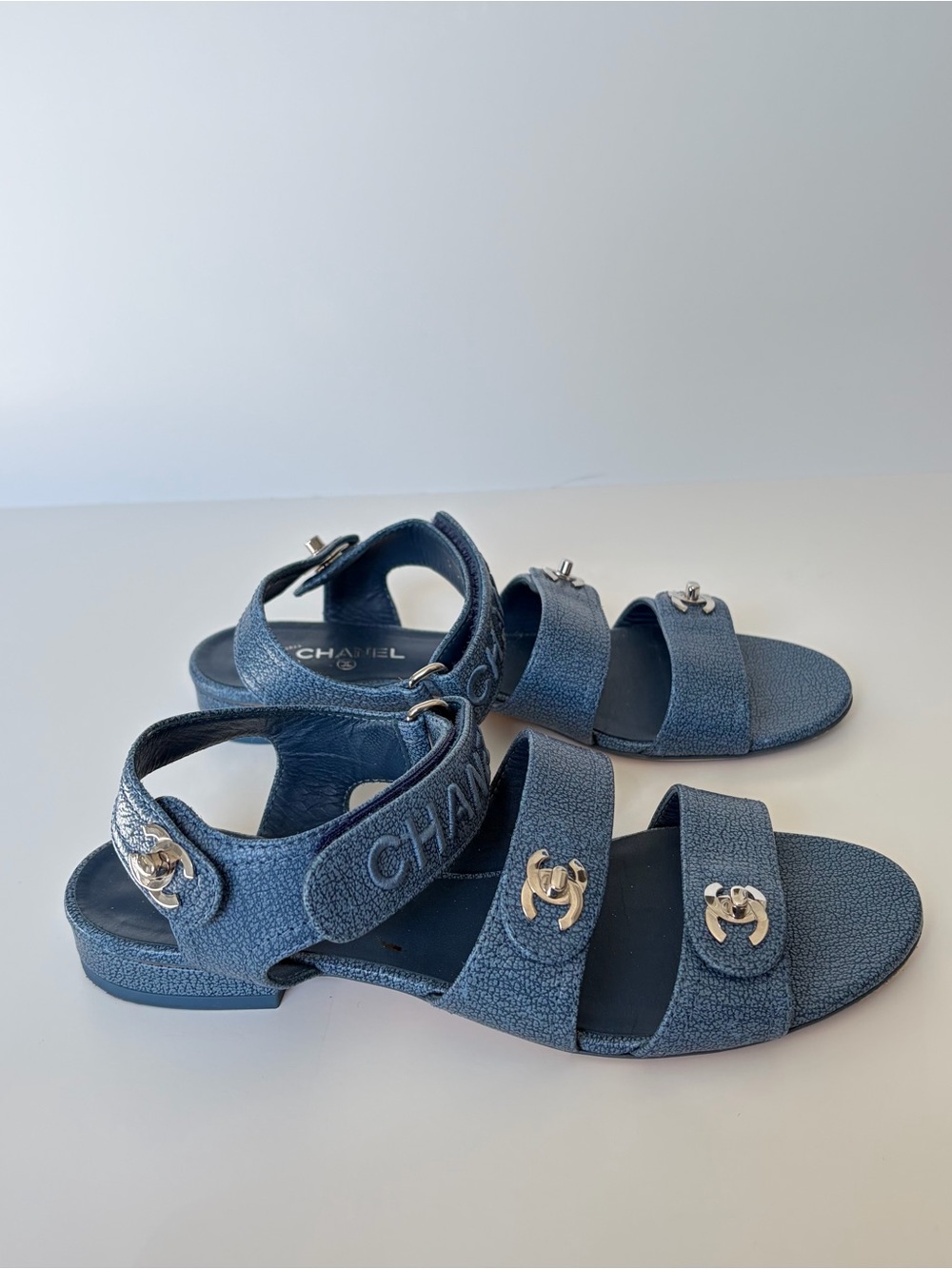 CHANEL 2021 Blue Leather Interlocking CC Logo Sandals